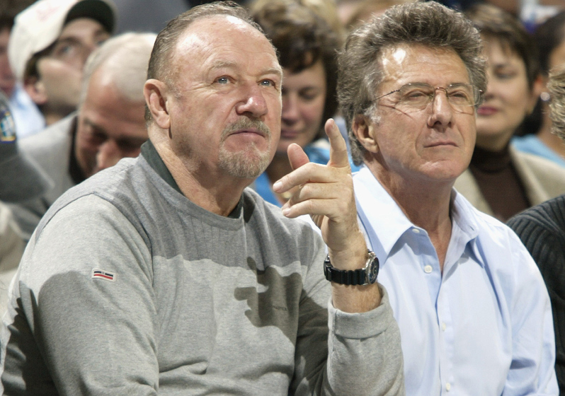 NEW ORLEANS - NOVEMBER 2: Fans Gene Hackman and Dustin Hoffman in attendance of the Miami Heat and New Orleans Hornets game at New Orleans Arena on November 2, 2002 in New Orleans, Louisiana. The Hornets won 100-95. NOTE TO USER: User expressly acknowledges and agrees that, by downloading and/or using this Photograph, User is consenting to the terms and conditions of the Getty Images License Agreement. Mandatory copyright notice: Copyright 2002 NBAE (Photo by: Layne Murdoch/NBAE/Getty Images)
